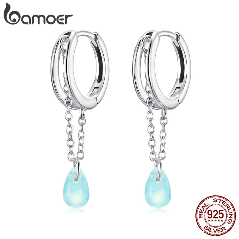 BAMOER Solid 925 Sterling Silver Glass Double-layer Teardrop Hoop Earrings Blue Glass Pendant for Women Hypoallergenic Jewelry