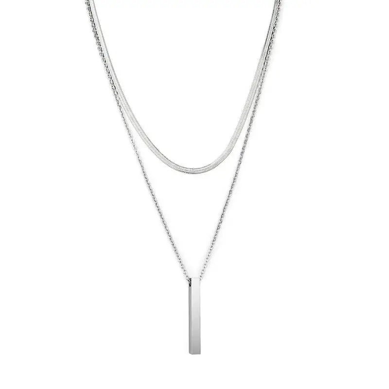 3D Vertical Bar Necklaces for Men Two Layer Stainless Steel Geometric Pendant Snake Chain Cuban Chain Fashion Necklace
