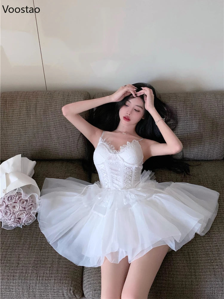 French Sexy Mesh Princess 2 Piece Set Women Beach V-Neck Lace Bandage Slim Camisole Crop Tops High Waist Fluffy Mini Skirts Suit