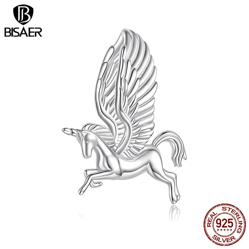 BISAER 925 Sterling Silver Unicorn Charm Bead Animal Pendant Plated White Gold for Women DIY Bracelet & Neckalce Fine Jewelry