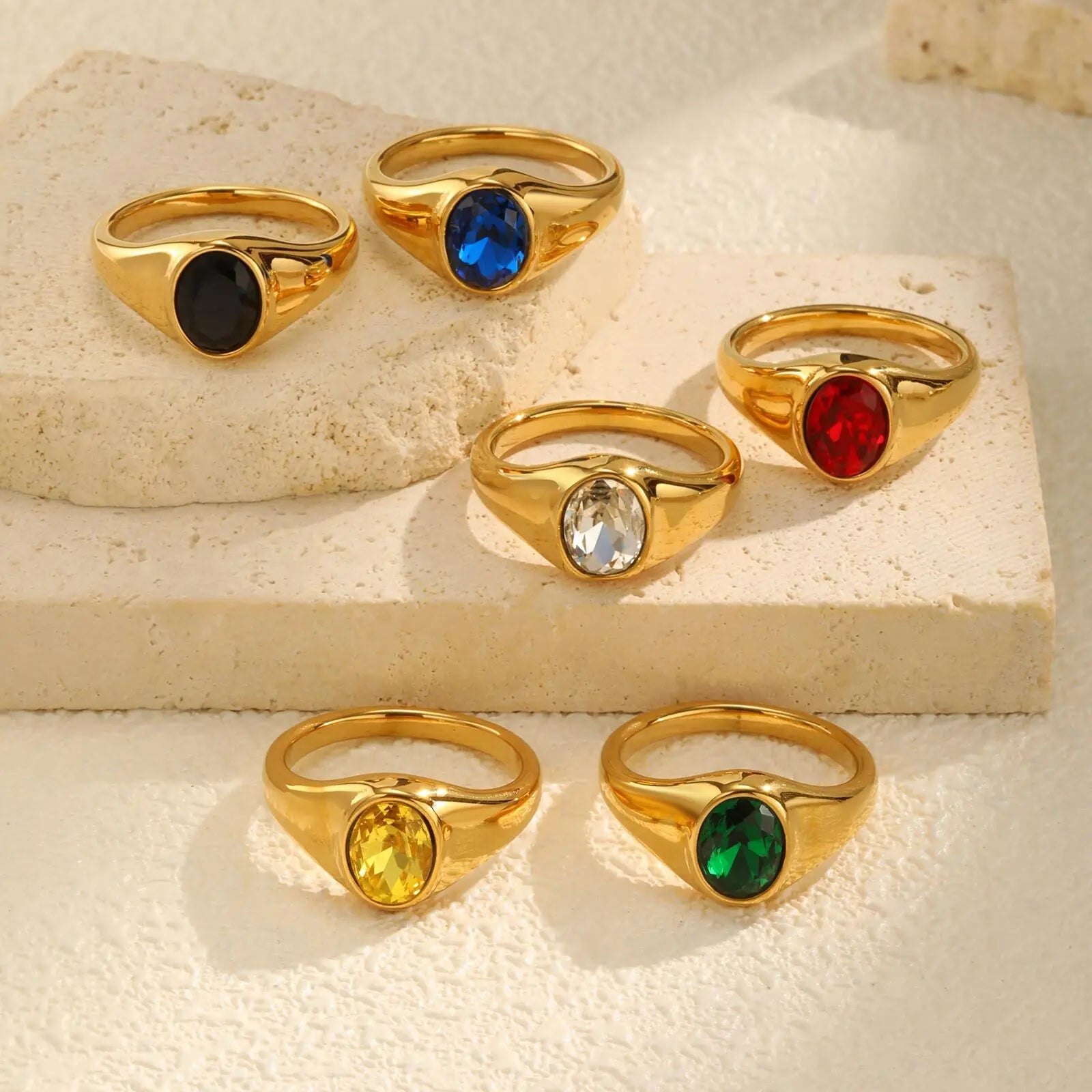 Vnox Minimalist Round Zircon Inlaid Rings For Women Men Stainless Steel Gold Color Elliptical Stone Ring Jewelry Never Lose