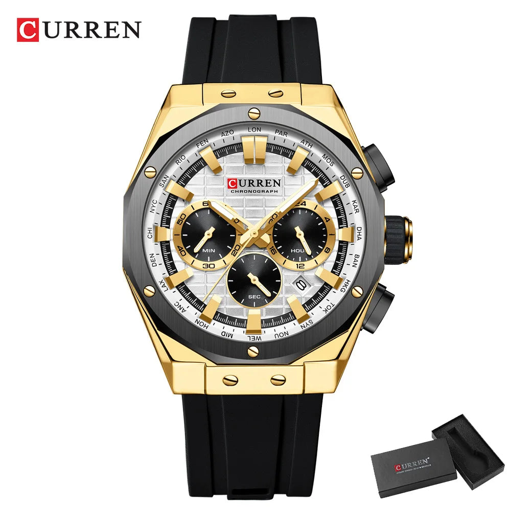 CURREN Casual Sports Quartz Watches for Men Silicone Band Business Chronograph Wristwatch with Date