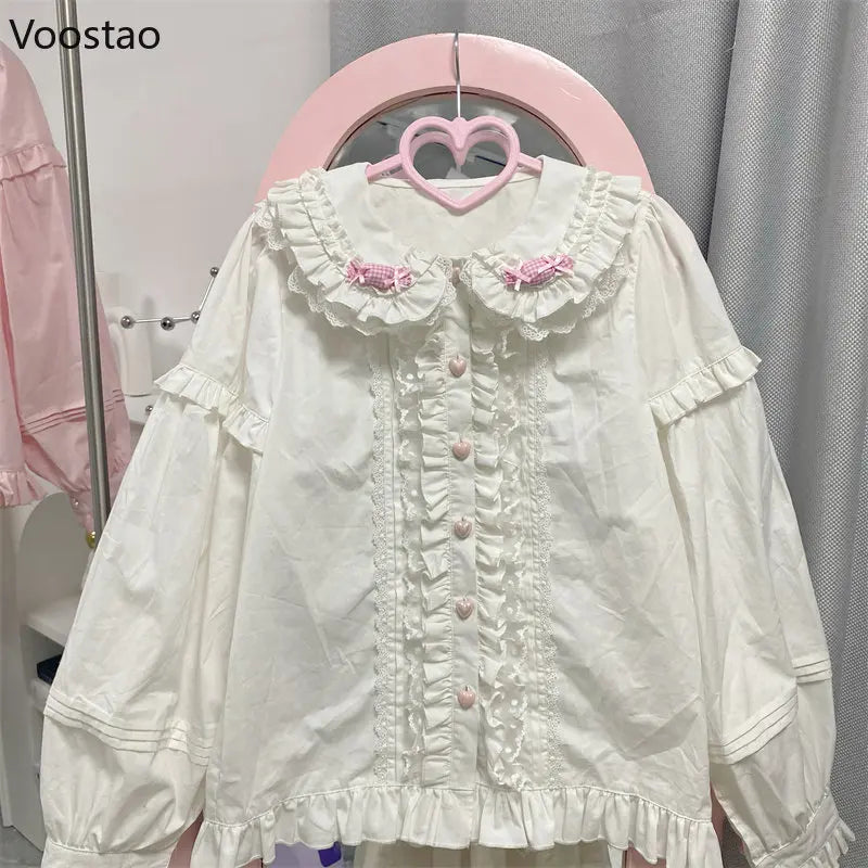 Japanese Cute Lolita Blouses Women Kawaii Candy Peter Pan Collar JK Shirt Tops Girls Sweet Lace Ruffles Puff Sleeve Chic Blouse