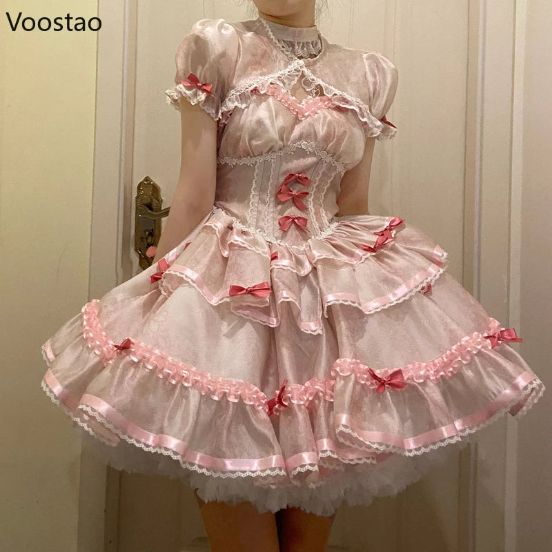 Sweet Lolita Princess Dress Women Sweet Bowknot Ruffles Evening Party Mini Dresses Japanese Harajuku Vintage Kawaii Y2k Vestidos