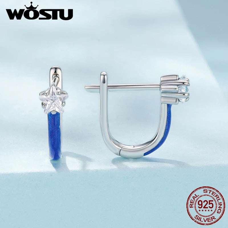 WOSTU 925 Sterling Silver Star Zircon Huggies Earrings For Women, Simple Blue Enamel process Ear Buckles Party Daily Wear Gift