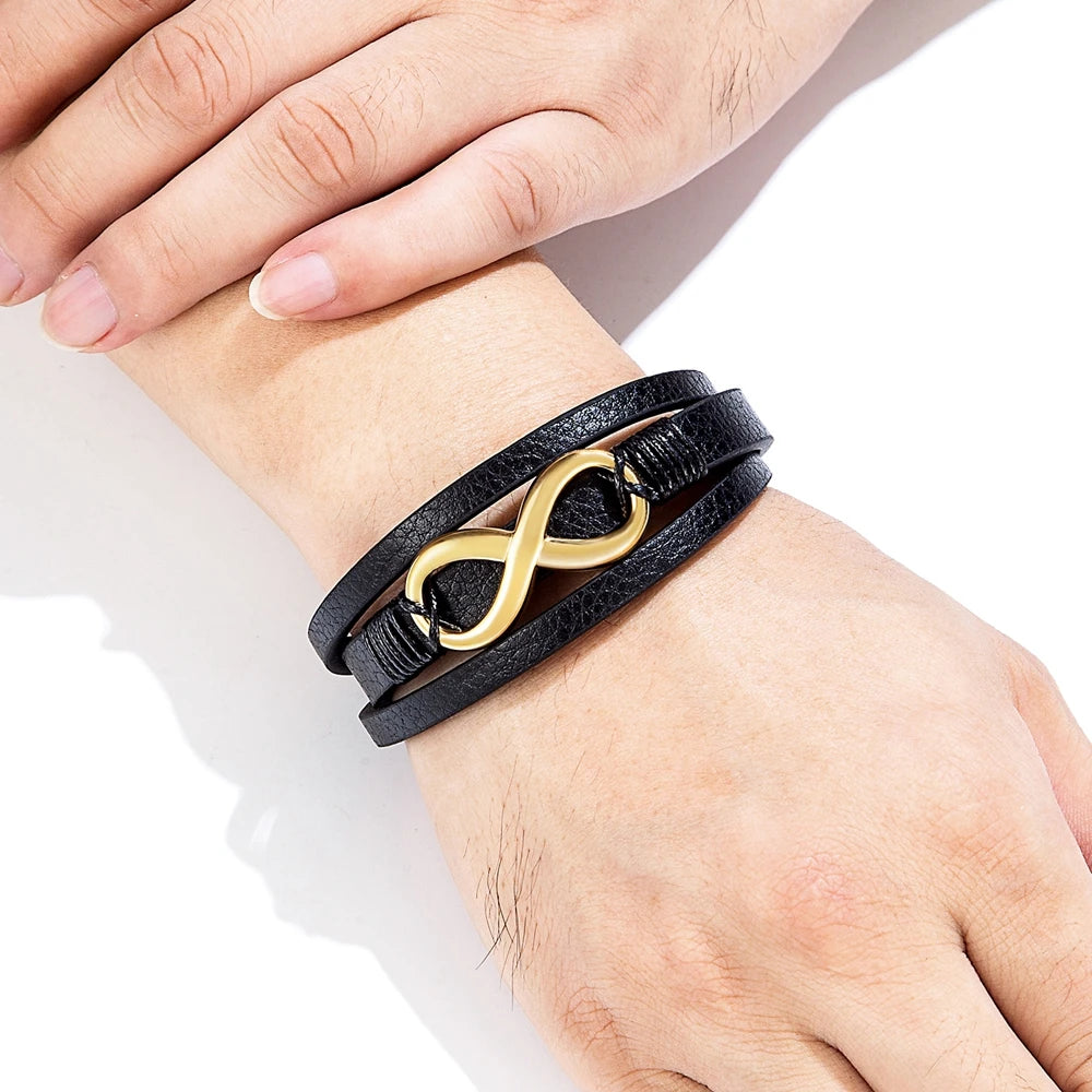 TYO Multilayer 8 Shape Infinite Symbol Men Bracelet Leather 3 Colors Metal Stainless Steel Magnetic buckle Jewelry Bangle Gift