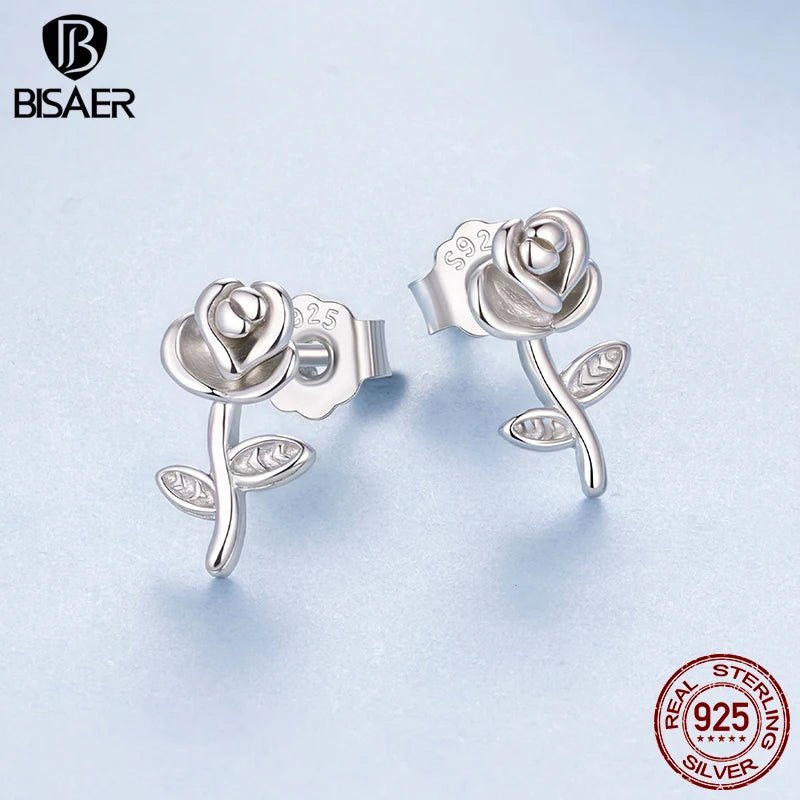 BISAER Autumn Flowers Stud Earrings 925 Sterling Silver Yellow Enamel Process Stud Ear for Women Party Fine Jewelry Gifts