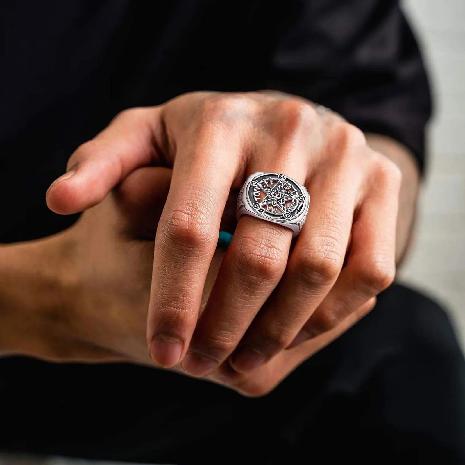 Eudora 925 Sterling Silver Pentagram Adjustable Ring Amulet Guardian Star Tetragrammaton Ring Hip Hop Jewelry Gift for Men Women