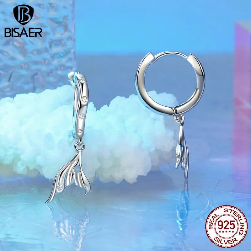 Boucles d'oreilles créoles en forme de queue de poisson en argent sterling 100 % 925 BISAER pour fête sur la plage, boucles d'oreilles en zircon bleu plaqué or blanc, bijoux fins pour femmes