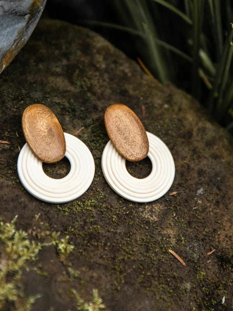AENSOA Handmade Hollow Round Wooden Drop Earrings for Women Ethnic Brown Color Geometric Pendientes Earrings Unique Jewelry 2022