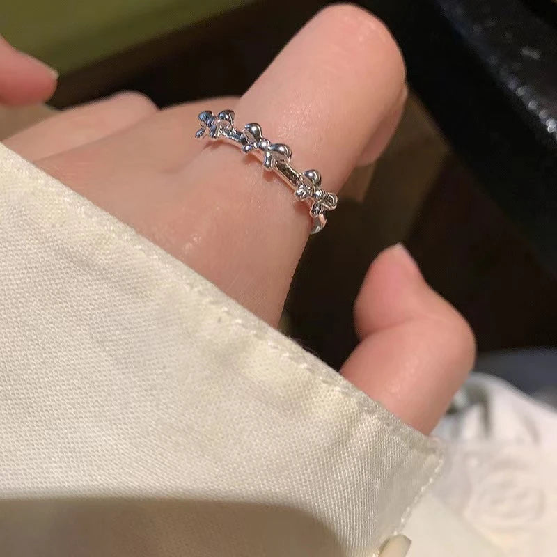 Fashion Bow Ribbon Rings For Women Girls Silver Color Sweet Cute Geometric Bow Knot Opening Finger Ring Wedding Party Jewelry