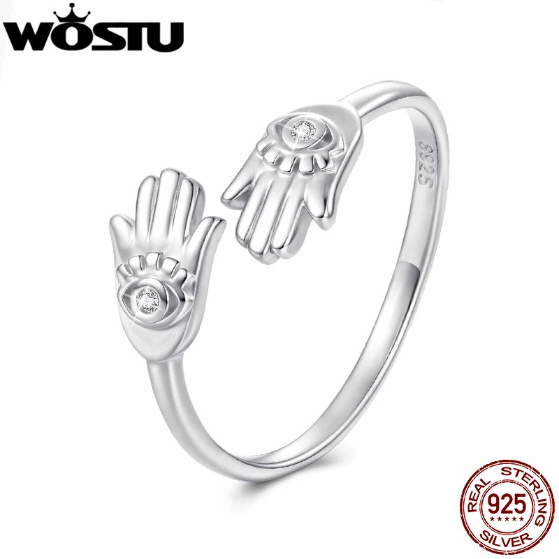 WOSTU Unique Evil Eye Hamsa Hand Open Ring For Women, 925 Sterling Silver Protection Guard Rings Daily Party Bohemia Jewelry