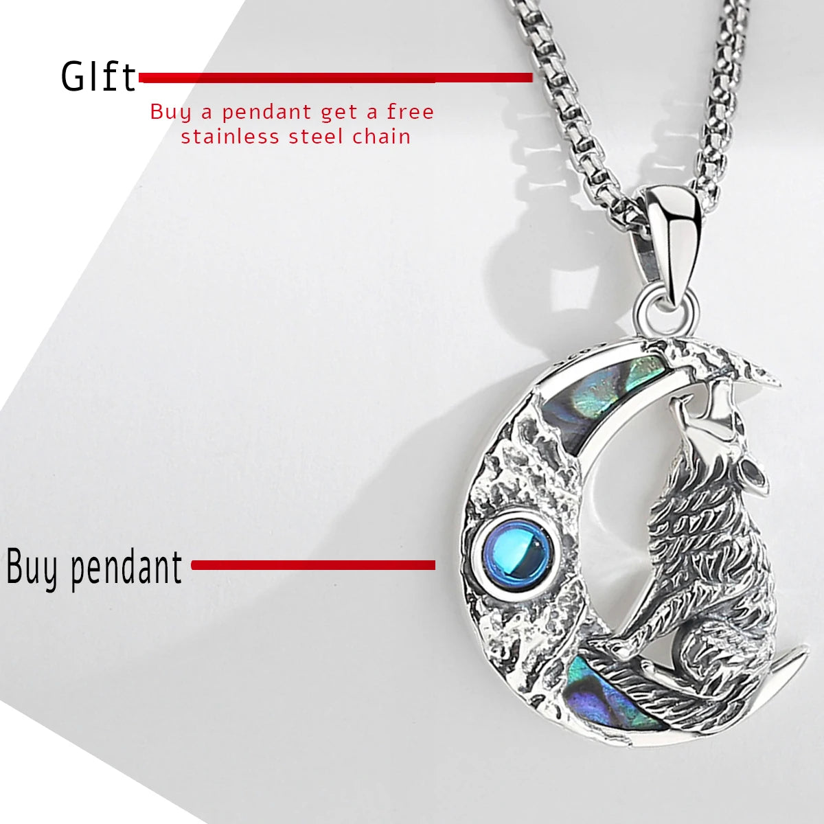 Eudora 925 Sterling Silver Wolf on the Moon Necklace for Women Man Natural Abalone Shell Viking Wolf Pendant Jewelry Party Gift