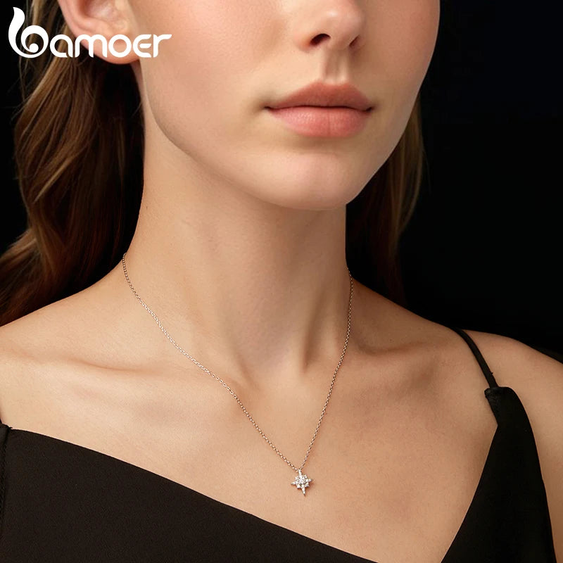 BAMOER Starburst Moissanite Necklace for Women, 925 Sterling Silver Plated 18K White Gold Star Pendant Necklace Dazzling Gift