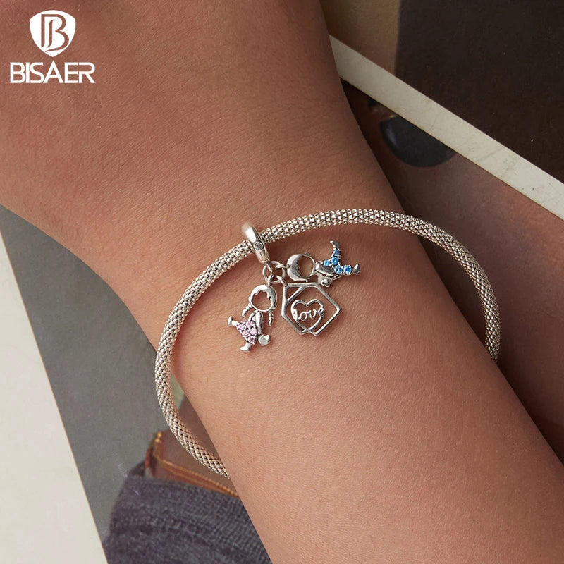BISAER 925 Sterling Silver Family Charm Bead Boy & Girl Heart Zircon Pendant For Women Girl DIY Bracelet & Necklace Fine Jewelry
