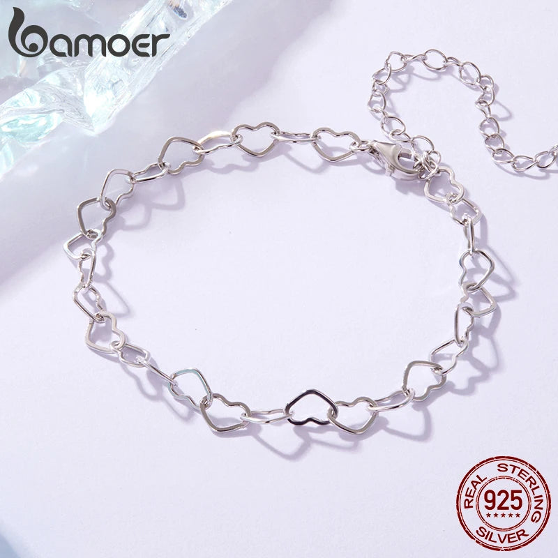 BAMOER Armband aus 925er Sterlingsilber mit hohlem Herz, verstellbare, zierliche Handgelenkkette, leichtes Schmuckstück, süßes Geschenk für Mädchen