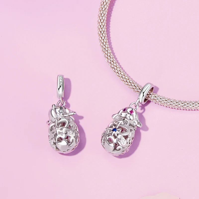 WOSTU 925 Silver Easter Rabbit with Egg Charm Heart Rabbits Pendant Moonstone Safety Chain Fit Bracelet Girl Daughter DIY Gifts