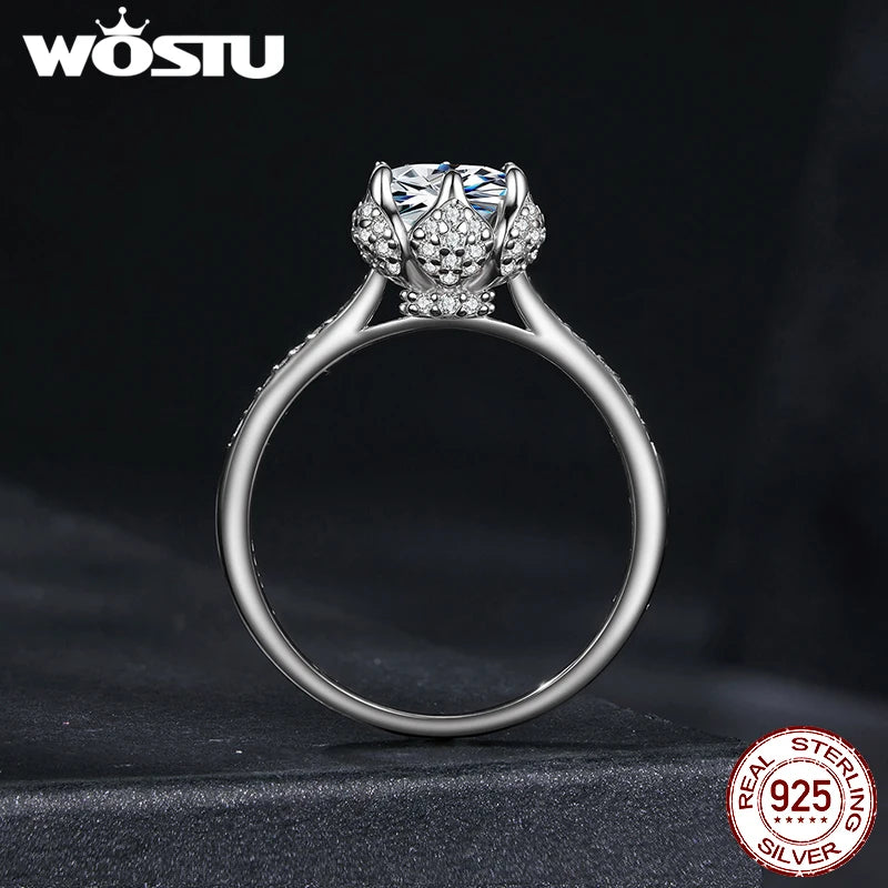 WOSTU 1CT Moissanite Ring Floral Core White Gold Luxury Original 925 Sterling Silver For Women Engagement Wedding Fine Jewelry