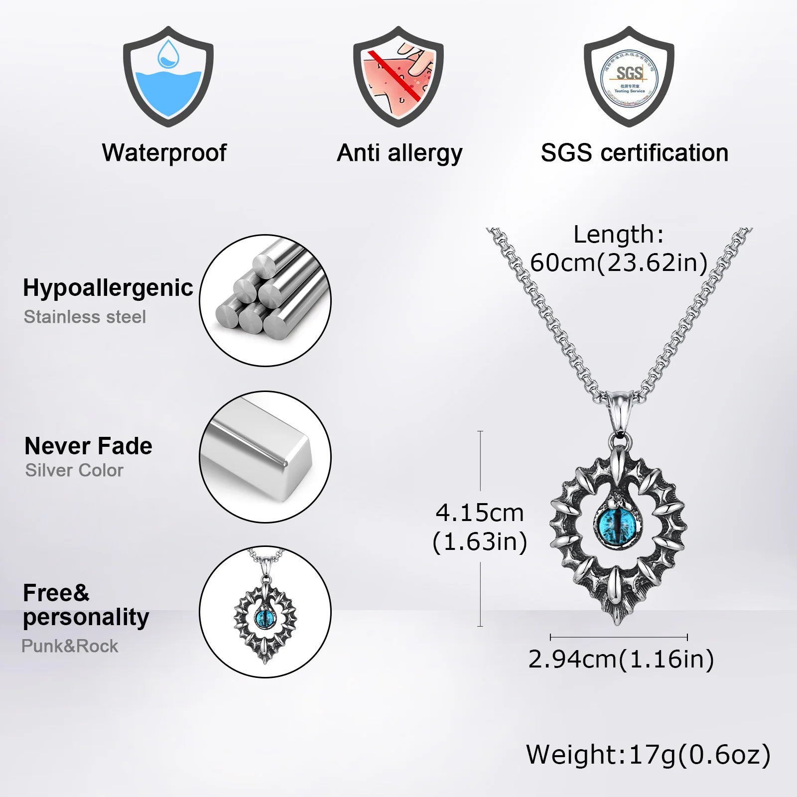 Vnox Men's Biker Punk Rock Pendant Necklaces, Blue Evil Eye Charm with Waterdrop Frame Pendant, Protection Accessory