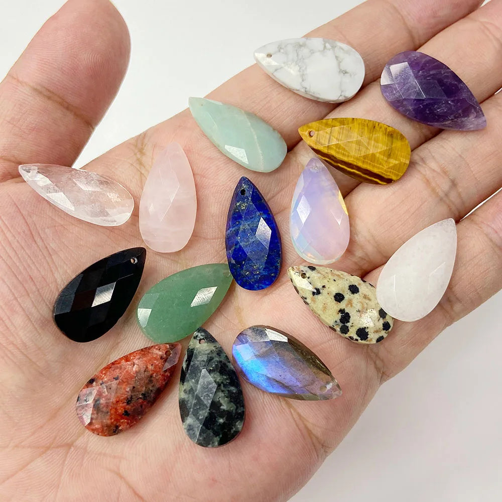 2PCS Natural Water Drop Stone Pendant 13X25mm Faceted Howlite Tiger Eye Amazonite Charms For Jewelry Making Necklace Earring DIY