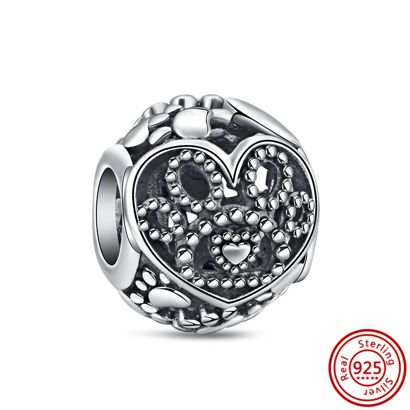 Authentic 100% 925 Sterling Silver Fit Original Pantaro Charms Bracelet Heart Round Style Simple Beads Women DIY Jewelry Making