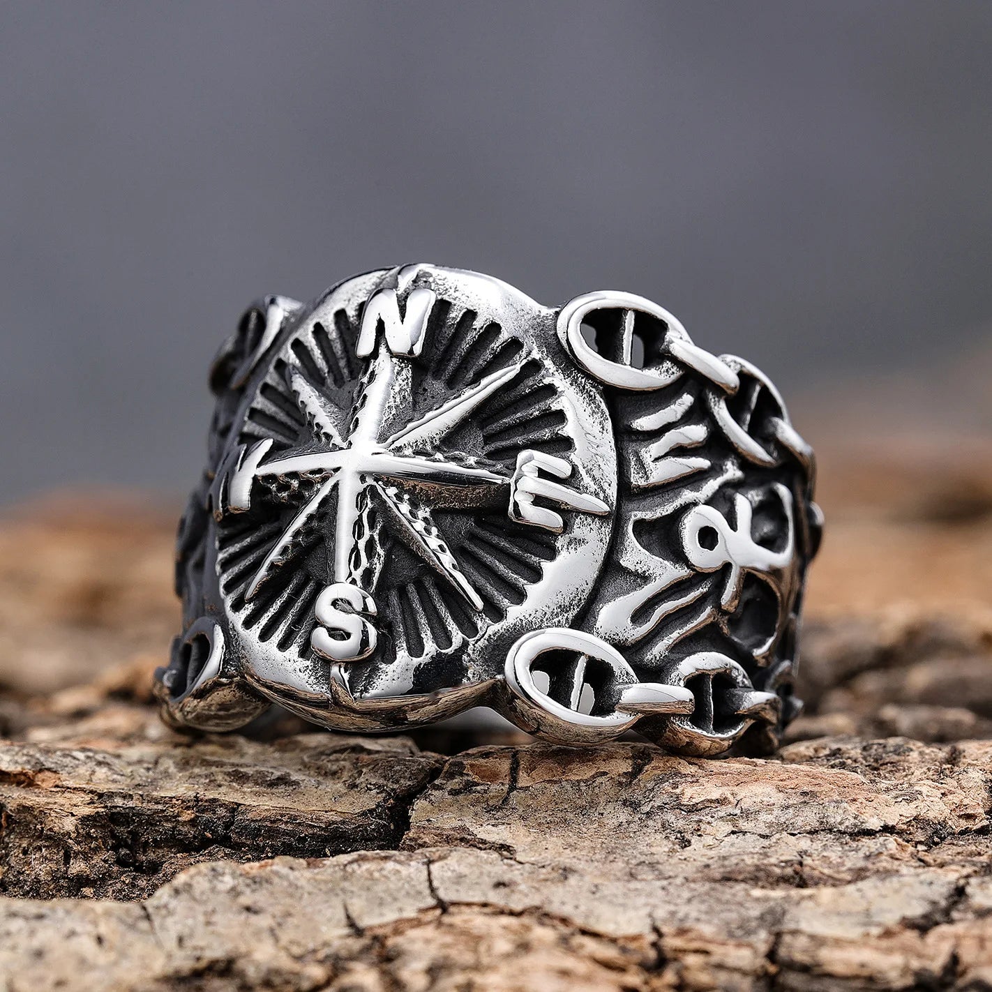 Retro Sailor Navigation Compass Ring For Men Punk Gothic Rock Hiphop Open Ring Handmade Jewelry Bikers Accessories Unisex Gift