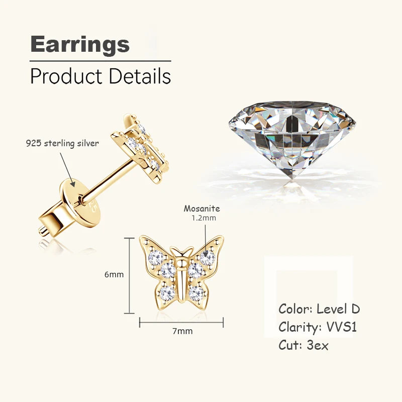 OXTAO 925 Sterling Silver Moissanite Butterfly Earrings Female Jewelry Sparkling Lab Diamond Piercing Earring Gift GRA Certified