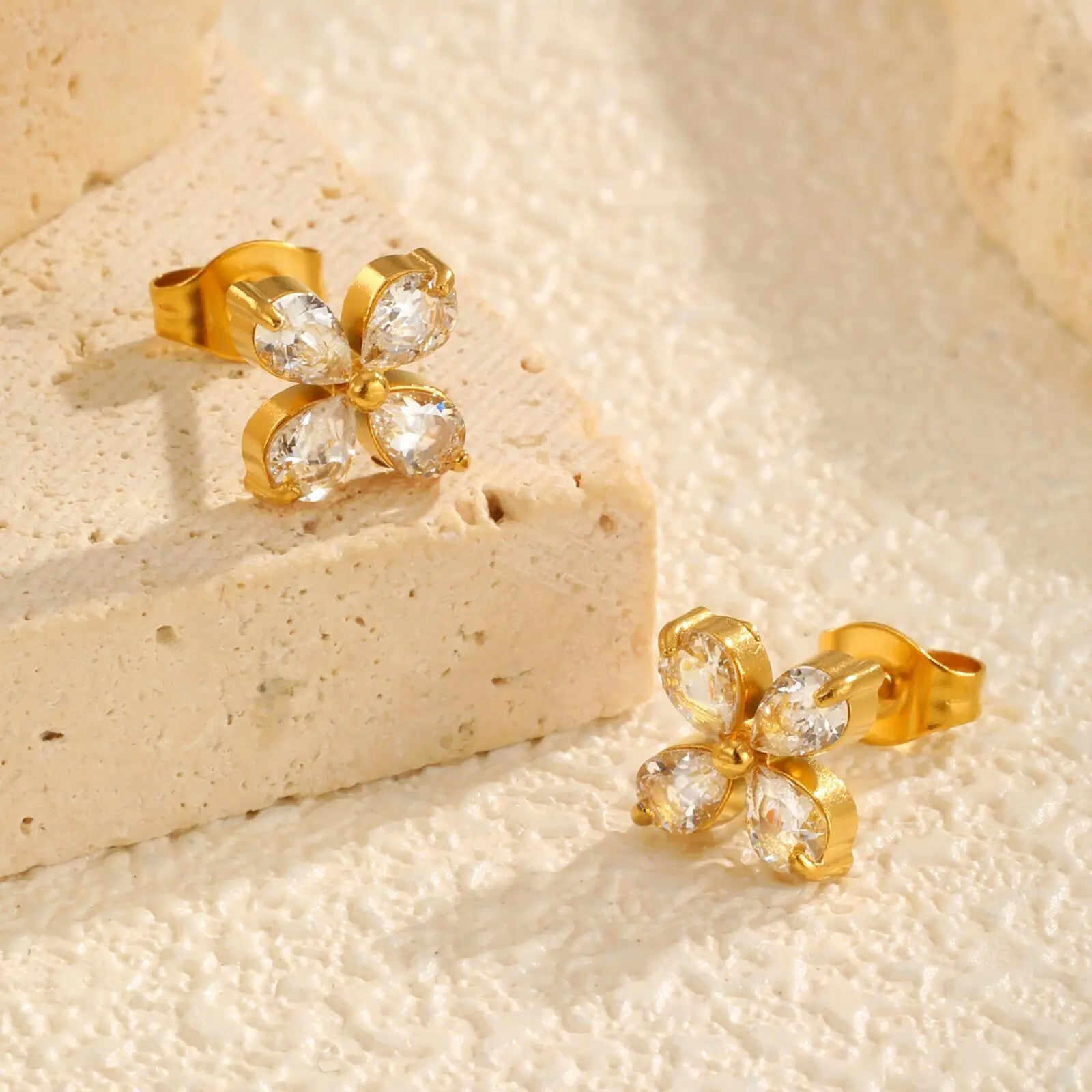 Vnox New Four Petal Zircon Stud Earrings For Women,Stainless Steel Hypoallergenic Screw Piercing Earring,Jewelry Girls Accessory