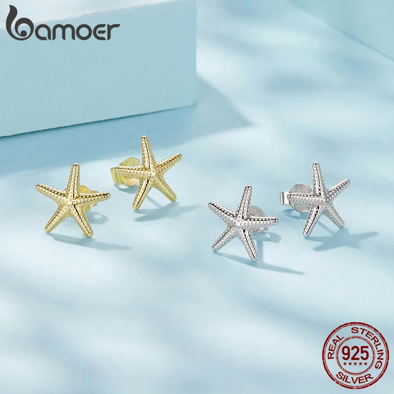 BAMOER 925 Sterling Silber Seestern-Ohrstecker, leichte Ohrringe mit Strandtextur, hypoallergen, Schmuckgeschenk für Damen