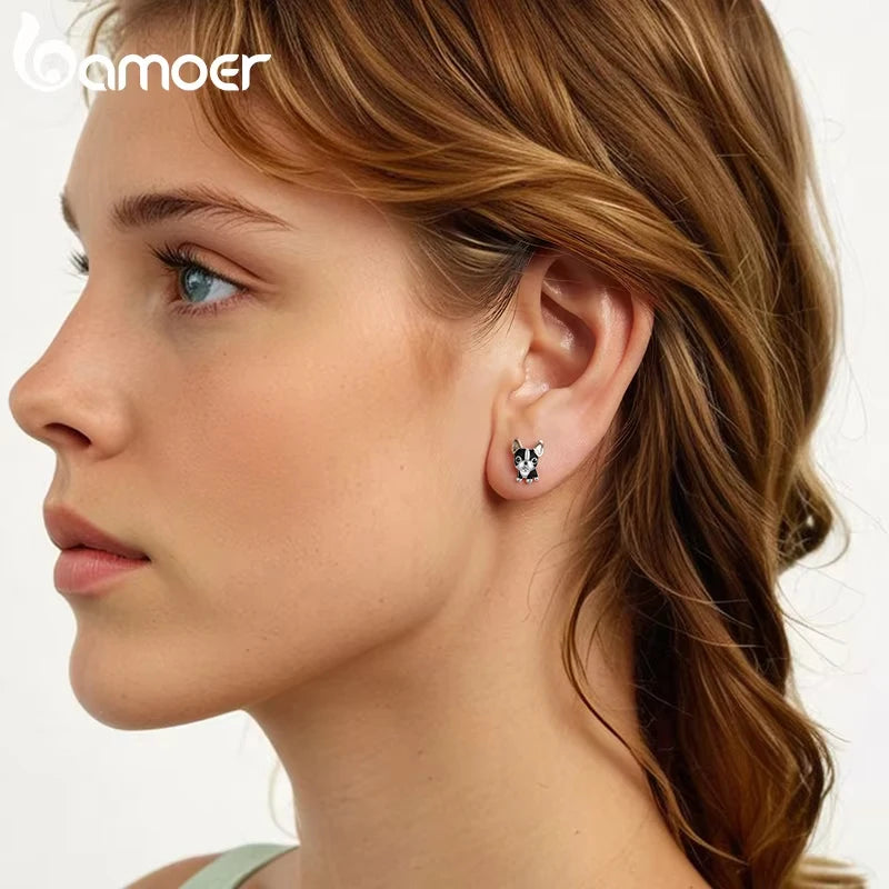 BAMOER 925 Sterling Silver French Bulldog Earrings for Women Girls, Animal Theme Jewelry Earrings for Pet Lovers SCE1877