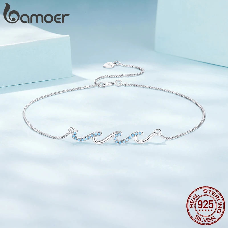 BAMOER 925 Sterling Silver Blue Sea Wave Charm Anklet for Women, Gold Plated Beach Jewelry Trendy Best Friend Gift
