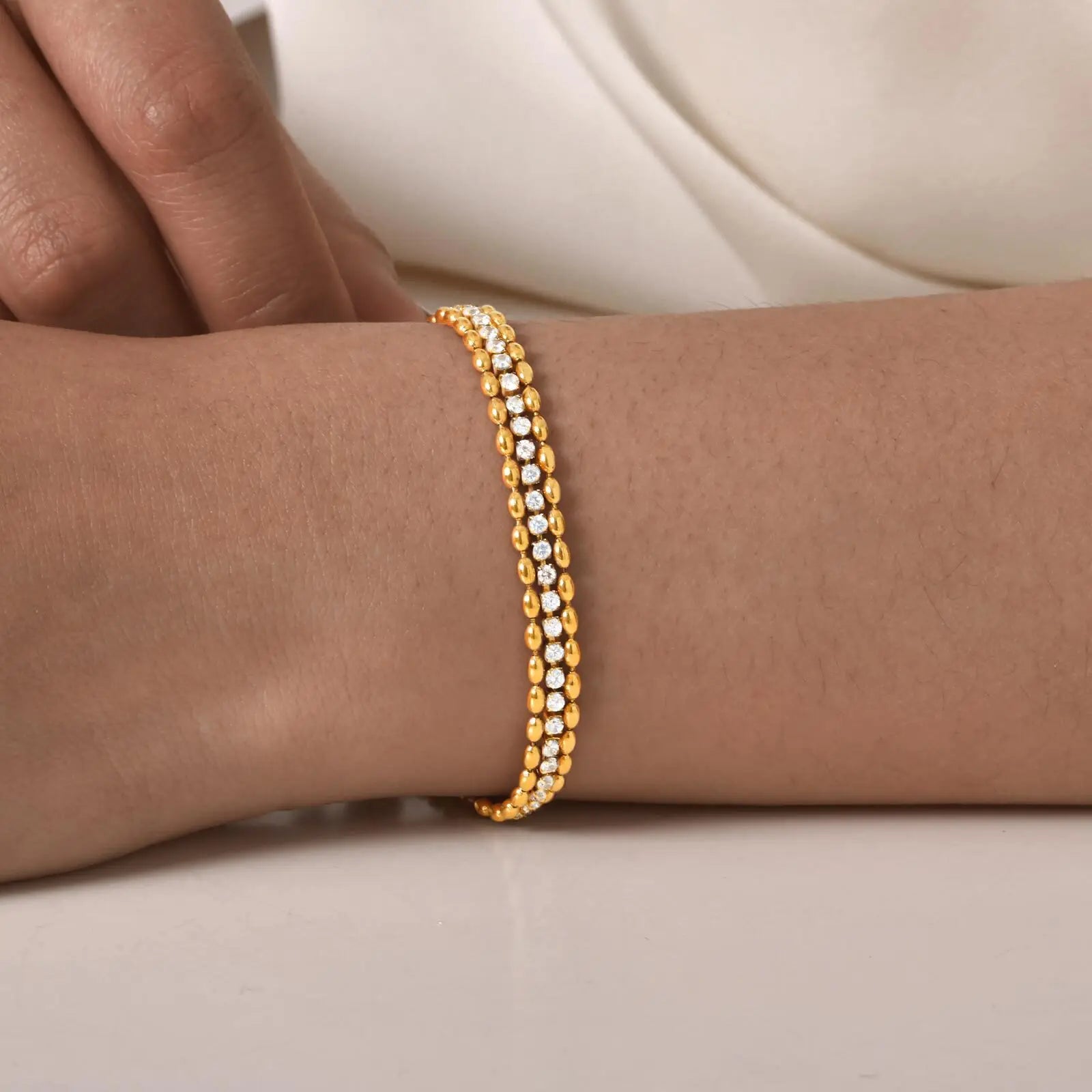 Vnox Women Gold Silver Color Woven Cubic Zirconia Bracelet,Stainless Steel Double Beads Chain Jewelry Accessories Charm Bracelet