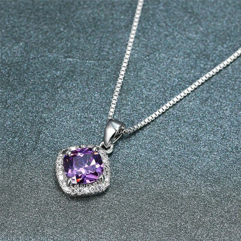 Huitan Elegant Cushion Shape Cubic Zirconia Pendant Necklace Silver Color Box Chain Exquisite Women Accessories Fashion Jewelry