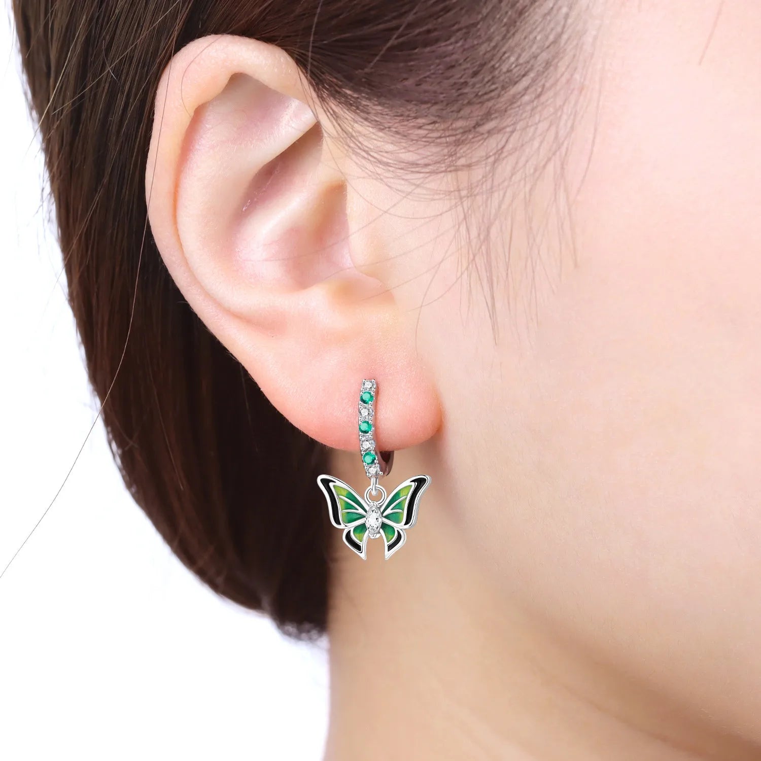 PANPOKI 925 Sterling Silver Green Butterfly Insects Earrings Original Jewelry Drop Earrings Jewelry Party Anniversary Fine Gift