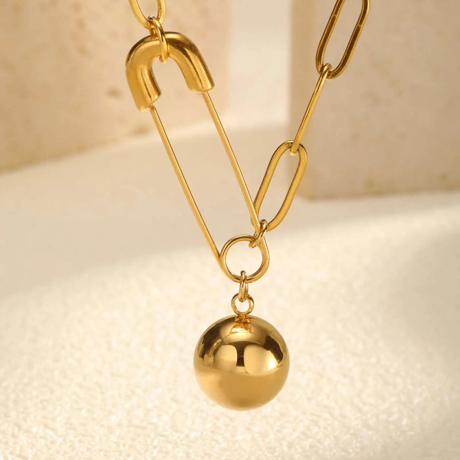 Vnox Gold Plated Round Ball Pendent Necklace For Women Fashion Jewelry Stainless Steel Paper Clip Chain Choker Gift To Girls