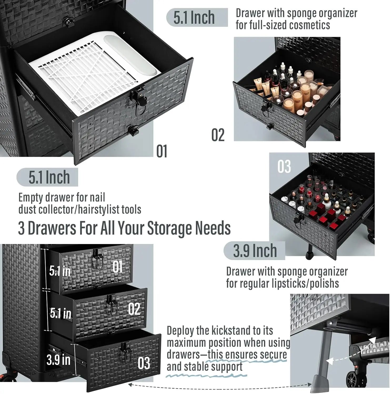 NEW Salon Cart with 3 Drawers,Nail Trolley Cart &Wheels Salon Station Rolling Makeup Train Case Cosmetology Case Organizer Cases - Madeinsea©