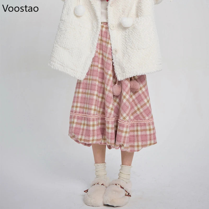Pink Plaid Vintage Skirt Autumn Winter Women Preppy Style Chic Plush Ball Elegant Midi Skirt Korean Female Y2k A-Line Skirts