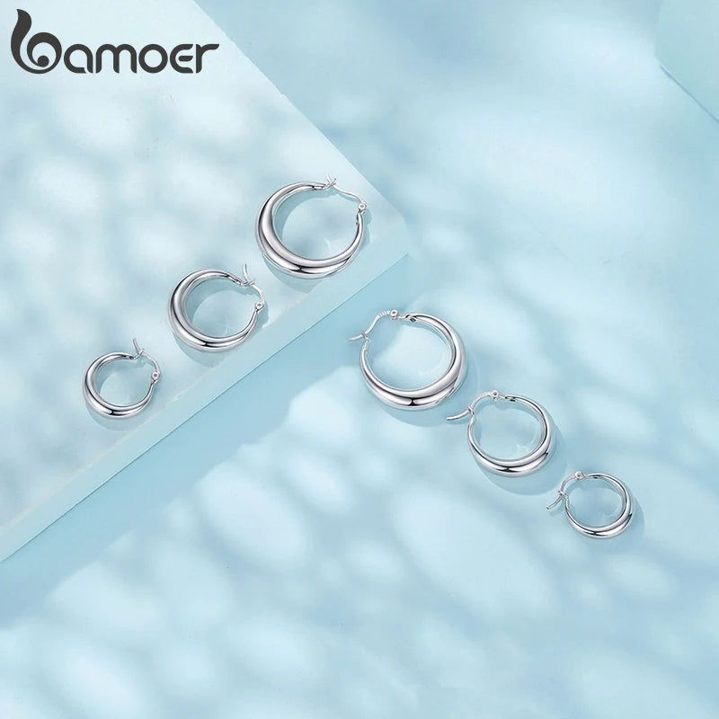 BAMOER White Gold Plated Hoop Earrings Chunky Earring with 925 Sterling Silver Ear Buckles Punk Women Hypoallergenic Ear Jewelry