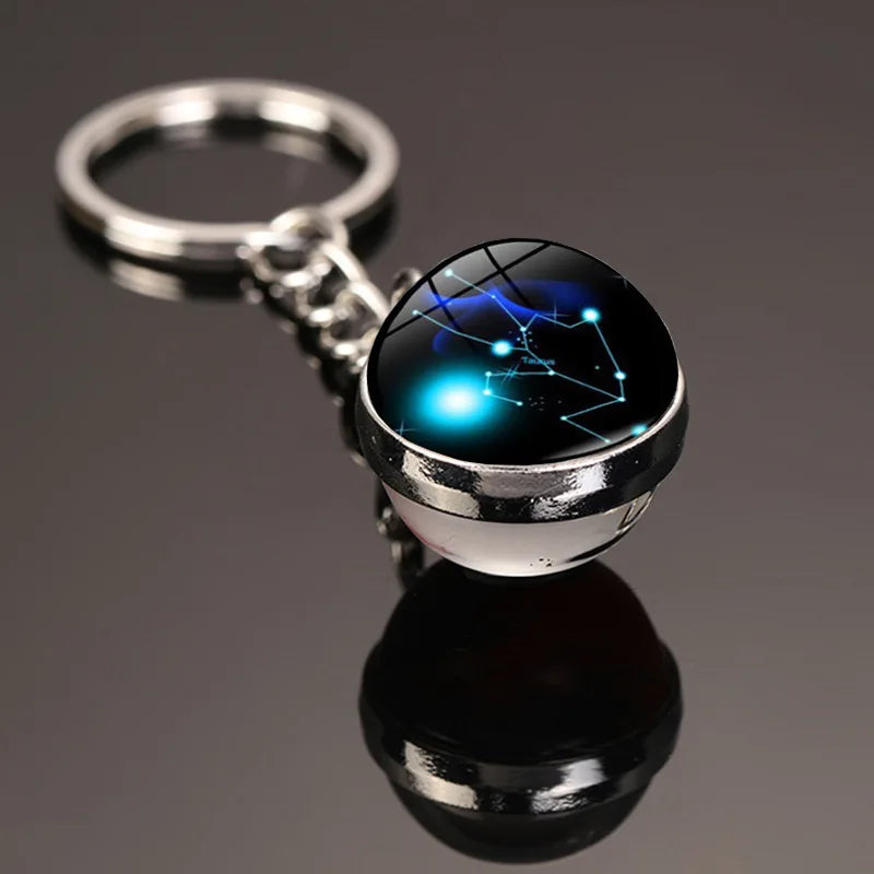 New Starry Sky Twelve Constellations Keychain Time Gemstone Double Sided Glass Ball Metal Keyring Bag Decoration Metal Keyholder