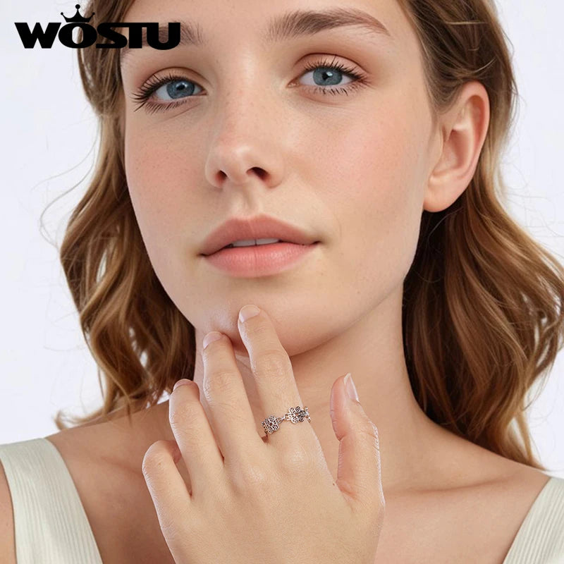 WOSTU 925 Sterling Silver Vintage Flower Opening Ring , Women Hollow Lace Flowers Adjustable Party Rings Statement Jewelry Gift