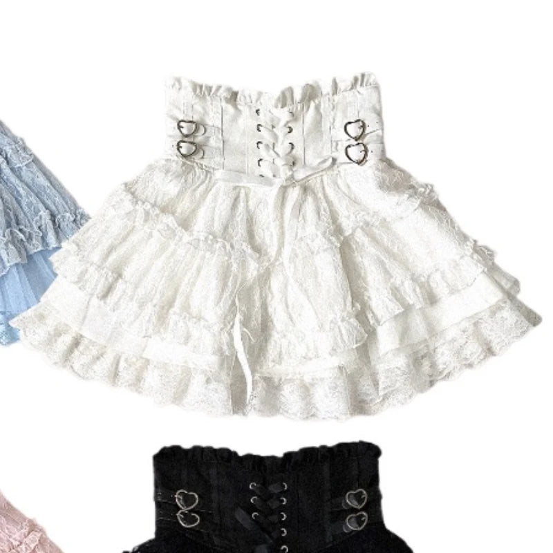Japanese Sweet Lolita Style Mini Skirt Women Elegant Lace Bandage Party Cake Skirts Female Gothic Y2k Metal Buckle Short Skirt