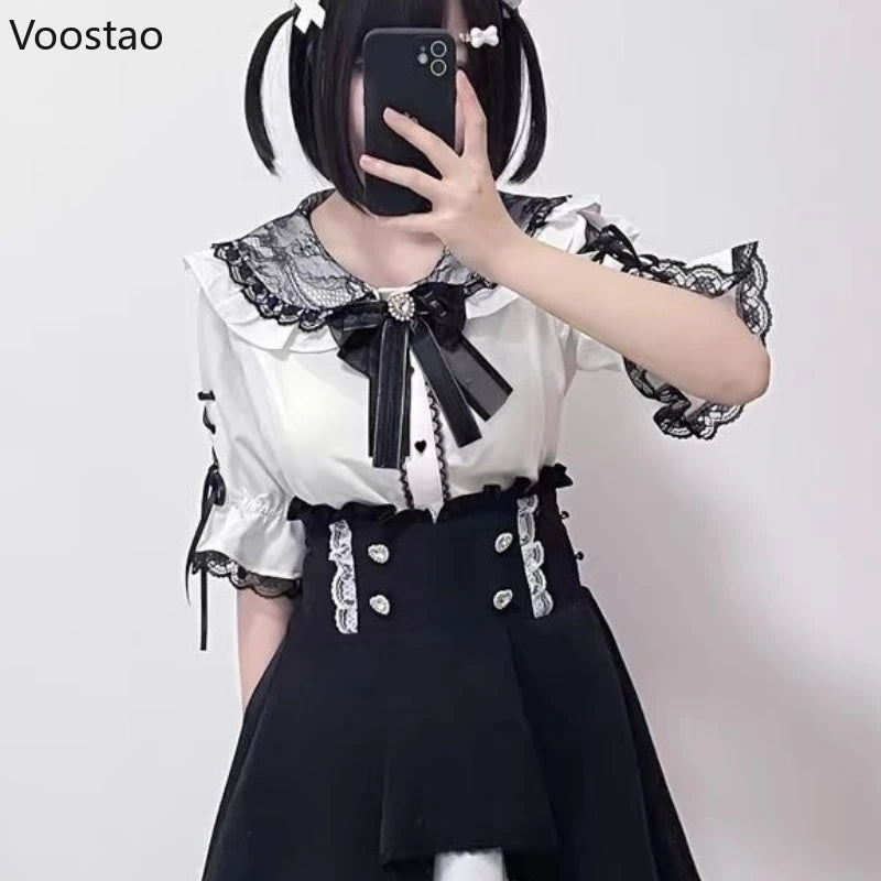 Victorian Gothic Lolita Bow Blouses Japanese Style Sweet Bandage Short Sleeve Lace Peter Pan Collar JK Shirt Women Punk Y2k Tops