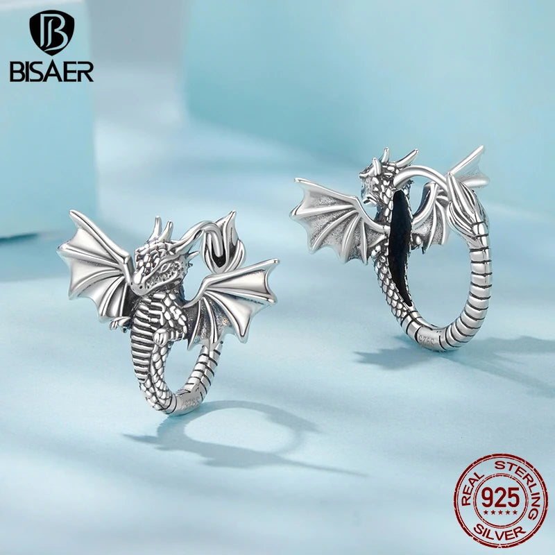 BISAER Real 925 Sterling Silver Flying Dragon Hoop Earrings Retro 3D Dragon Ear Hooks for Punk Hip Hop Women Party Fine Jewelry