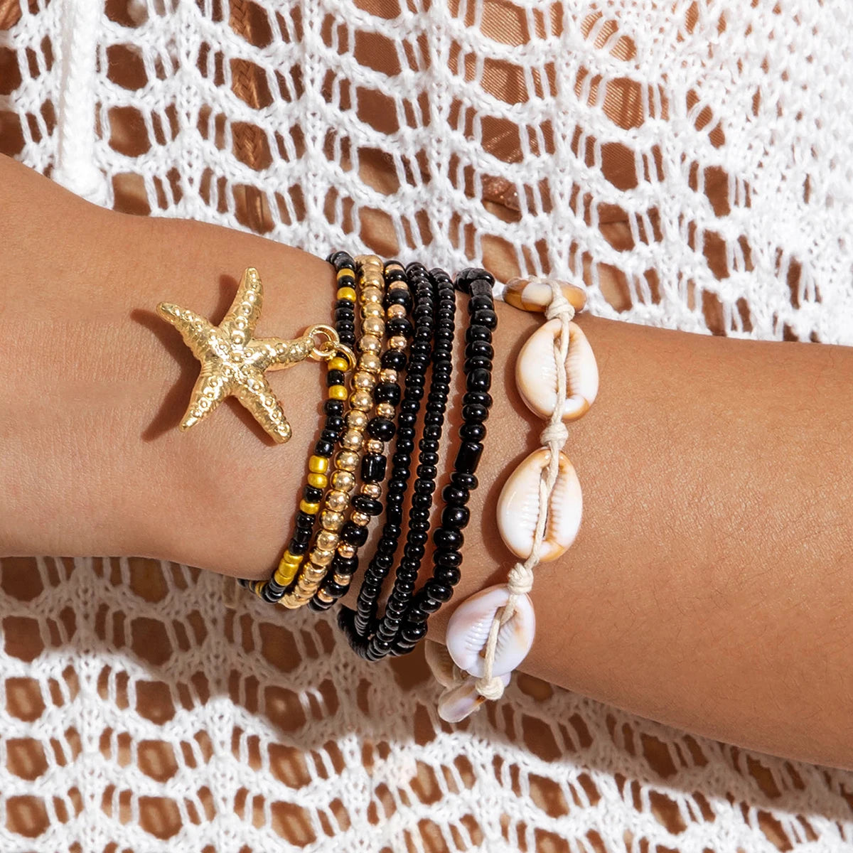 Tocona Bohemian Resort Style Shell Beaded Weaving Bracelet Beach Style Starfish Rice Beads Seven Piece Set for Women 25134 - Madeinsea©