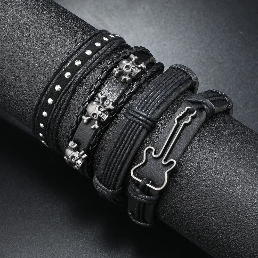 New Rock Roll Skull 4Pcs/ Set Leather Bracelet for Men Hand Braided Wrap Wristband Rope Mens Beads Bracelets Set Jewelry