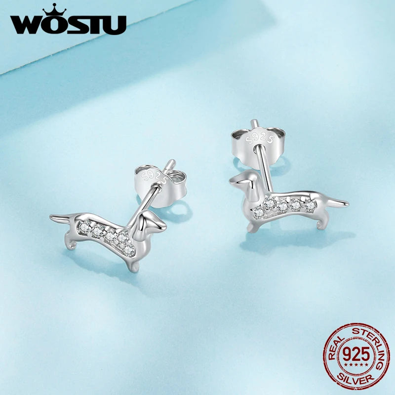 WOSTU 925 Sterling Silver Mini AAA Zircon Pet Cat Dog Stud Earrings For Women Lovely Poodle Dachshund Animal Studs Family Gift