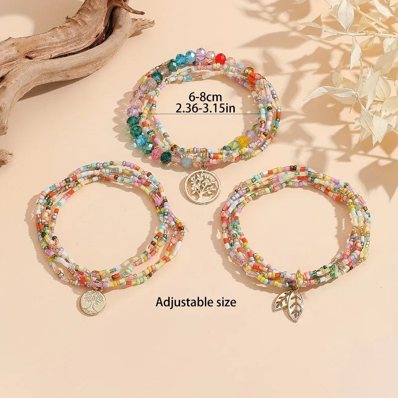 13pcs Boho Beaded Anklet Set with Tree Leaf Charms Adjustable Colorful Beads for Women Perfect for Parties Vacations - Madeinsea©