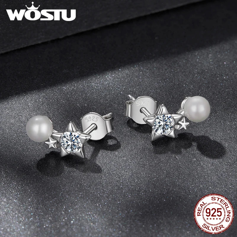 WOSTU 0.4 CT moissanite Star Stud Earrings For Women , 925 Sterling Silver Pearl Moissanite Stacking Studs Earring Xmas Gift