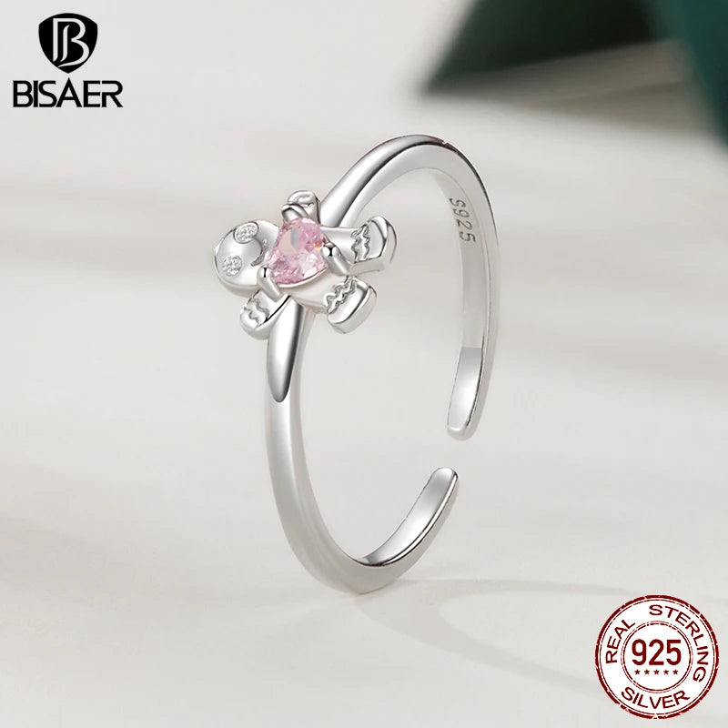 Bague ouverte en argent sterling 925 BISAER en forme de bonhomme en pain d'épices, taille réglable 5 à 9, plaquée or blanc pour femme, bijoux fins de fête
