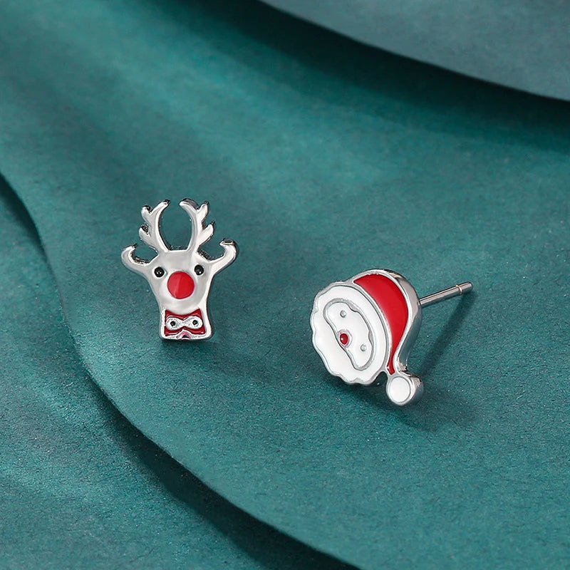 Exquisite Inlaid Zircon Christmas Small Stud Earrings For Women Red Elk Snowflake Xmas Tree Snowman Asymmetrical Earring Jewelry